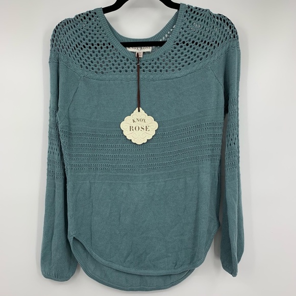 Knox Rose Womens XS Pullover Sweater Open Knit Balloon Sleeves Curved Hem NEW - Picture 1 of 8